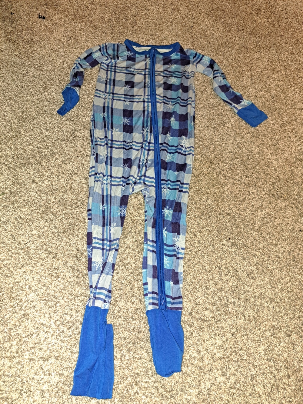 Bamboo Blue Plaid Footed One-Piece Pajama with Snowflake Print